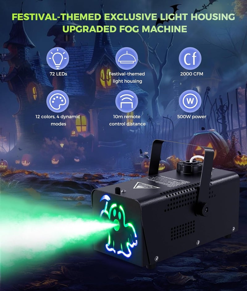 IMONE Store آلة الضباب 500 واط 2000CFM مع 2 غطاء ضوء ذو طابع مخيف مع 72-LEDs و 12 لون ضوء، تحكم عن بعد لاسلكي، للاحتفالات، الزفاف، الحفلات، مسرح الدي جي، للاستخدام الداخلي والخارجي - Image 5